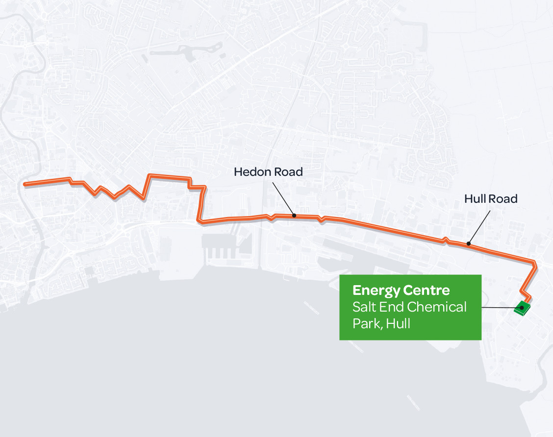 A map showing the location of the heat network from Salt End Chemical Park down Hull Road and Hedon Road